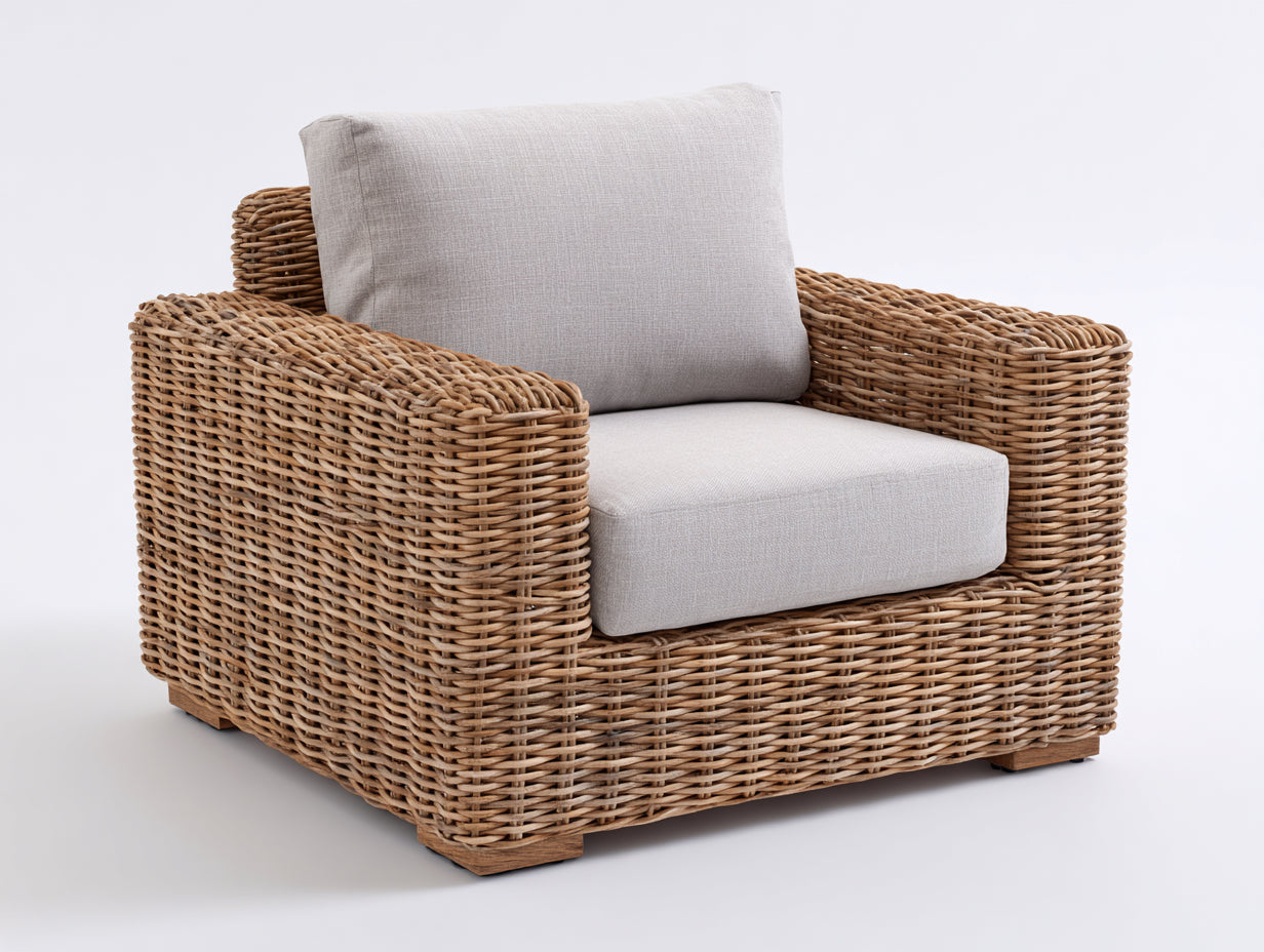 Poltrona da giardino - rattan-legno-tessuto - 93x89x79 cm - naturale-grigio chiaro - naturale