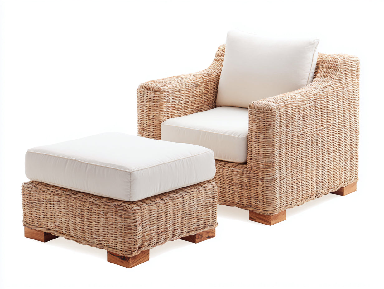Poltrona da giardino - rattan-legno-tessuto - 90x88x78 cm - naturale-bianco - mediterraneo