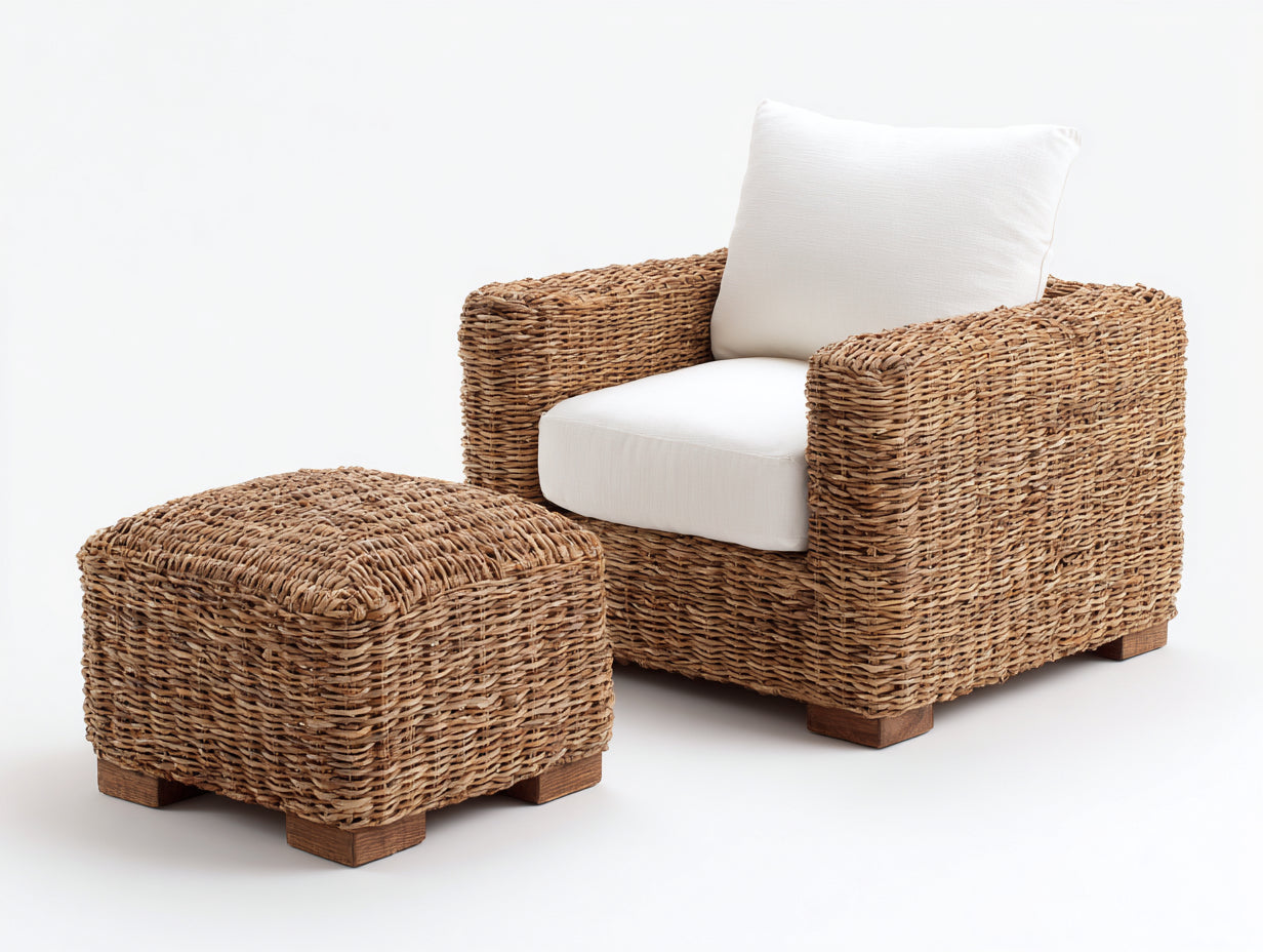 Poltrona da giardino - rattan-legno-tessuto - 90x88x78 cm - naturale-bianco - mediterraneo