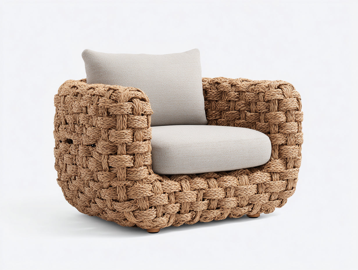 Poltrona da giardino - rattan-legno-tessuto - 98x91x74 cm - naturale-beige - organico