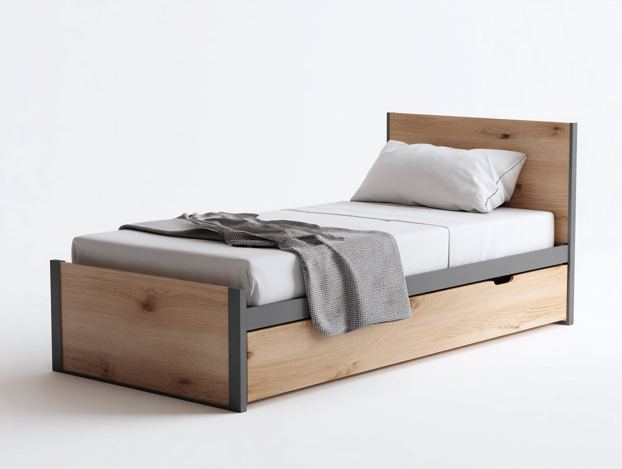 Letto singolo contenitore - legno-metallo - 208x100x92 cm - rovere naturale-grigio antracite - industriale moderno