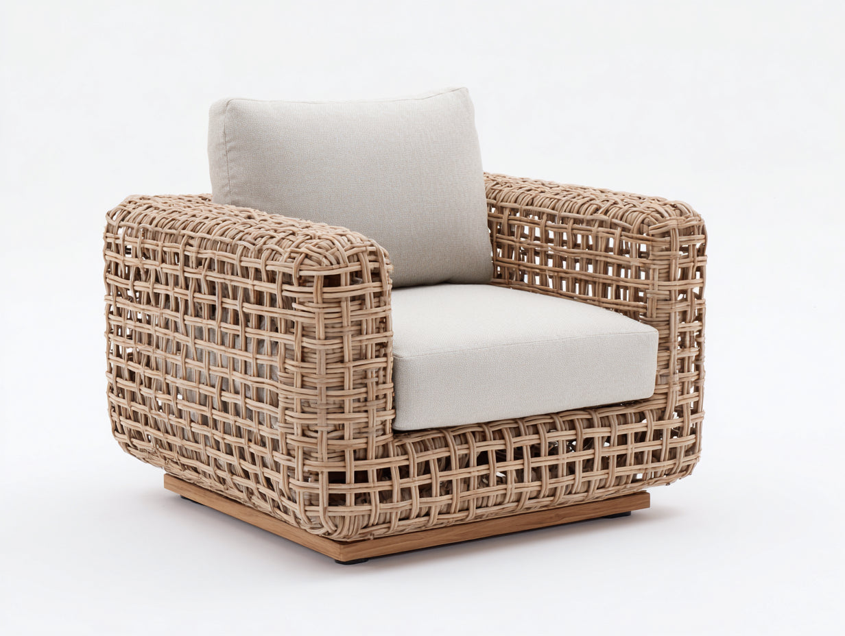 Poltrona da giardino - rattan-legno-tessuto - 96x90x76 cm - naturale-beige - contemporaneo