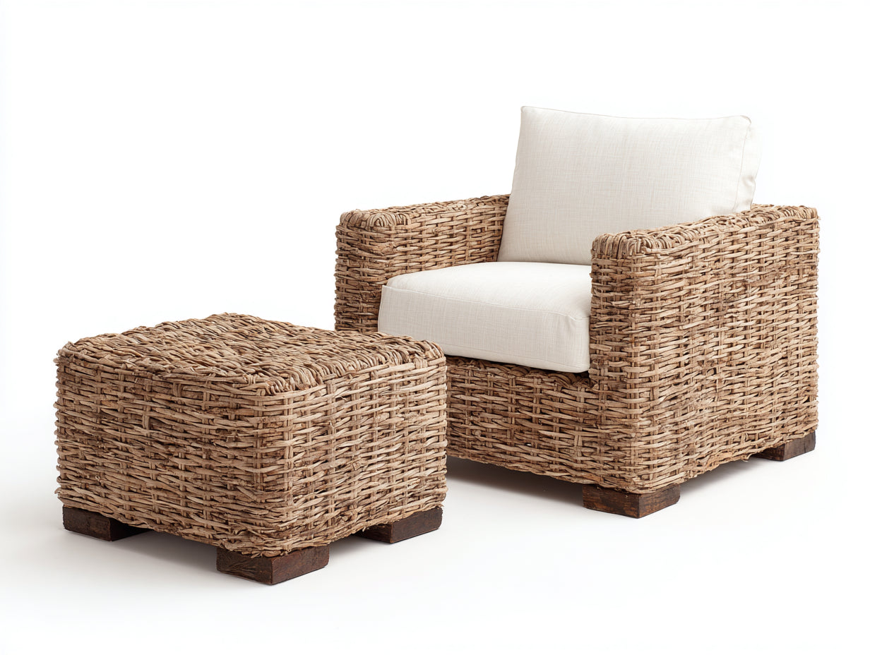 Poltrona da giardino - rattan-legno-tessuto - 91x89x79 cm - naturale-bianco - naturale