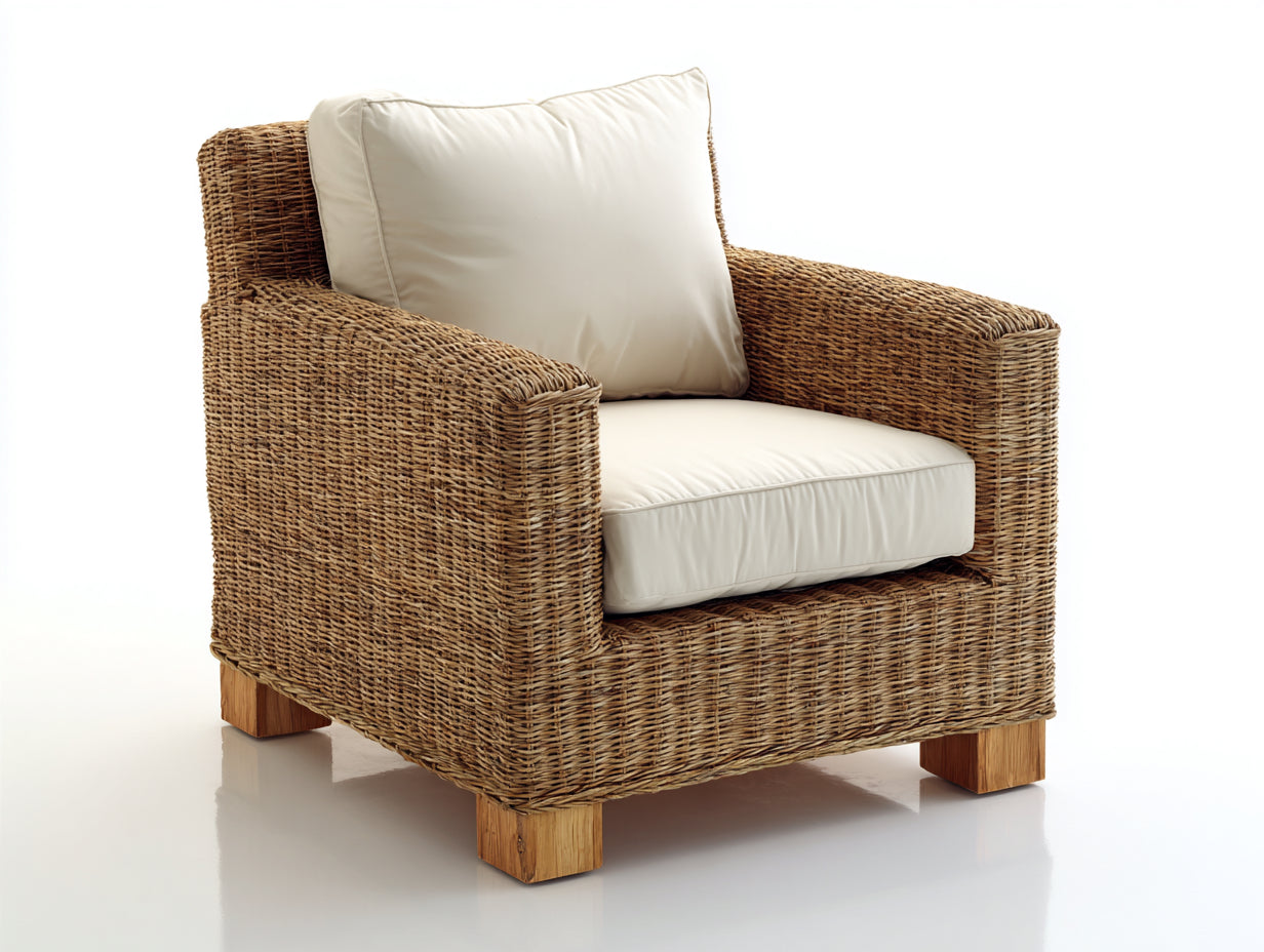 Poltrona da giardino - rattan-legno-tessuto - 97x90x80 cm - naturale-bianco - mediterraneo
