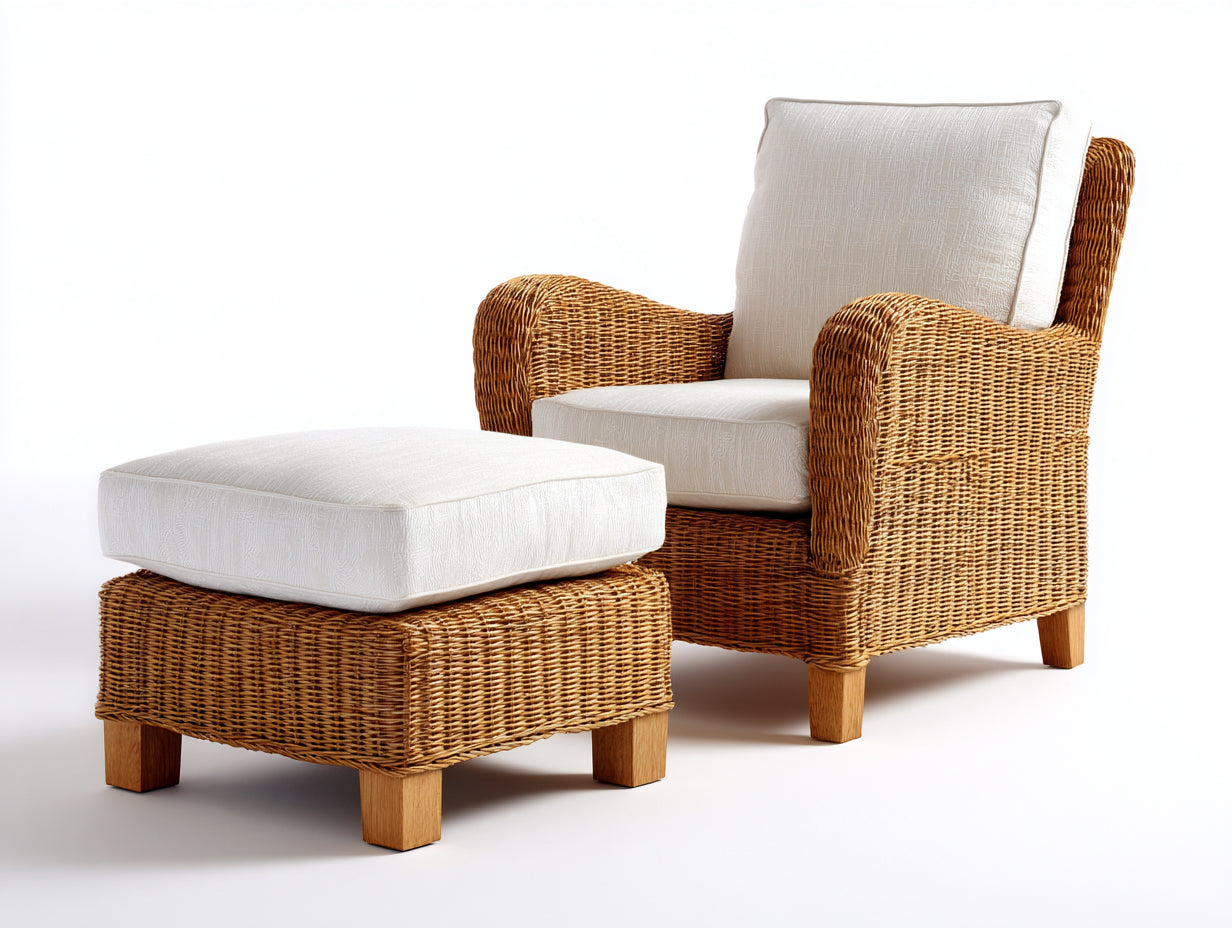 Poltrona da giardino - rattan-legno-tessuto - 91x88x94 cm - naturale-bianco - rustico