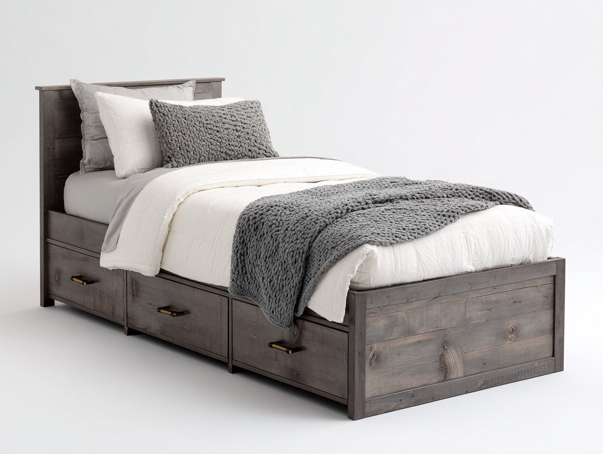 Letto singolo contenitore - legno-metallo - 209x102x104 cm - grigio rovere - rustico