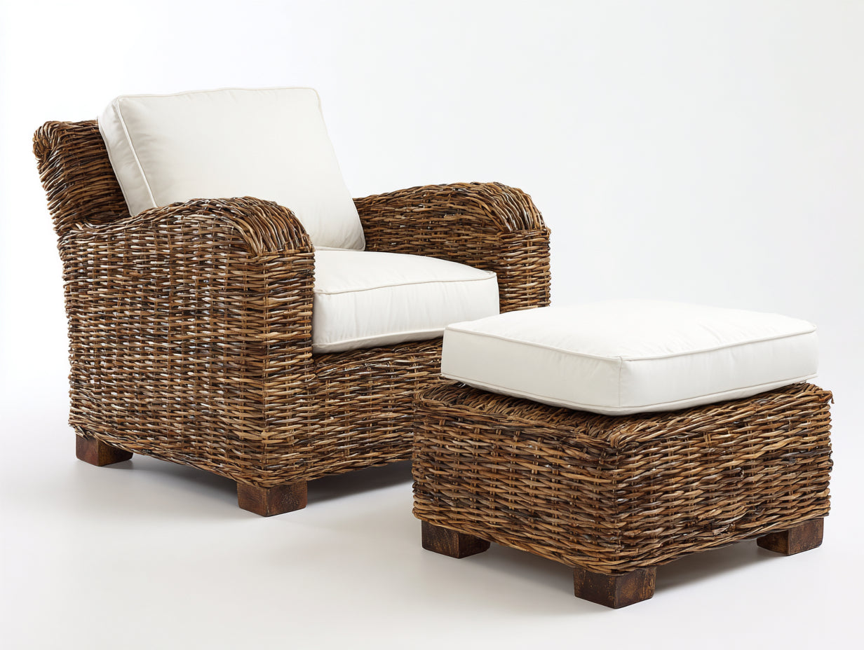 Poltrona da giardino - rattan-legno-tessuto - 91x88x94 cm - naturale-bianco - classico