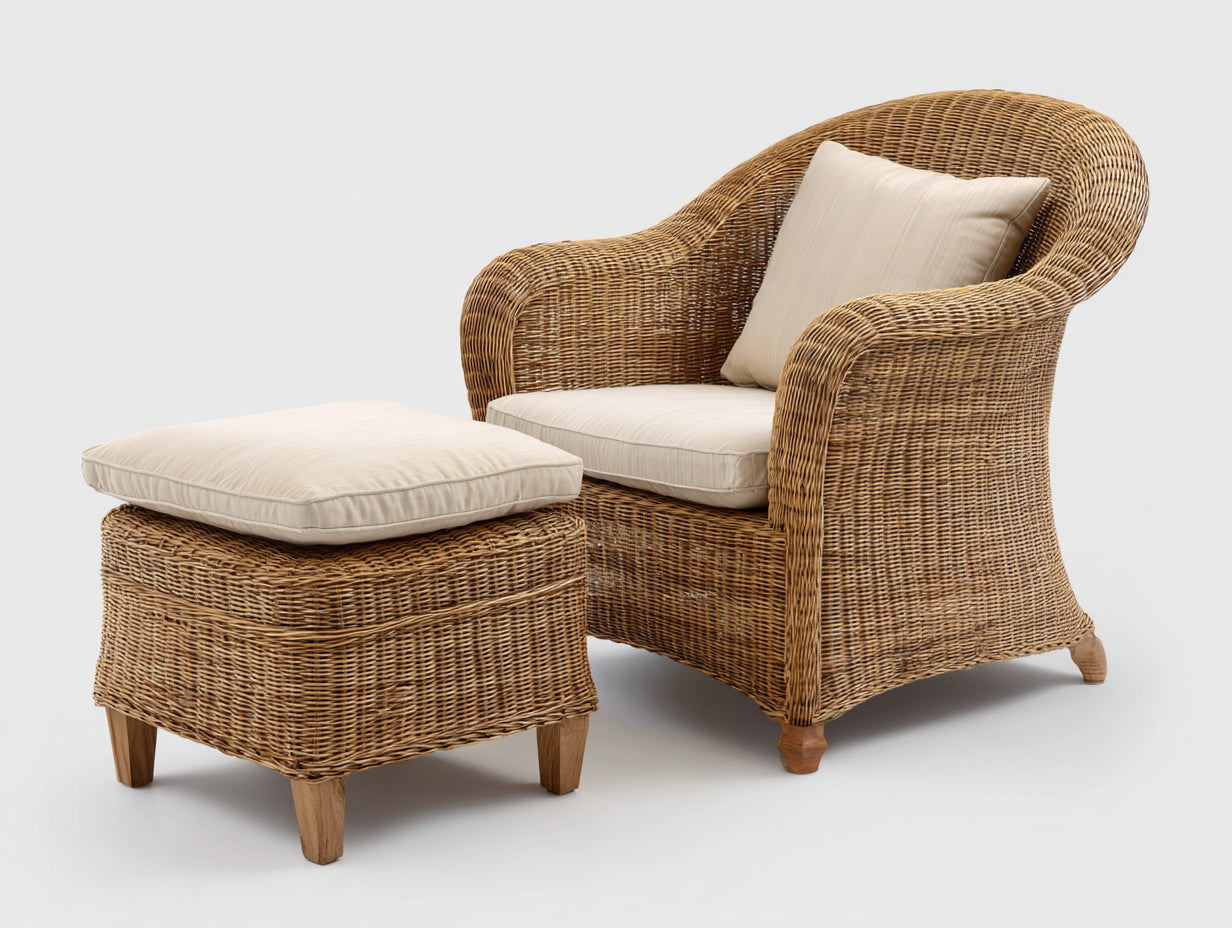 Poltrona da giardino - rattan-legno-tessuto - 90x87x93 cm - naturale-beige - mediterraneo