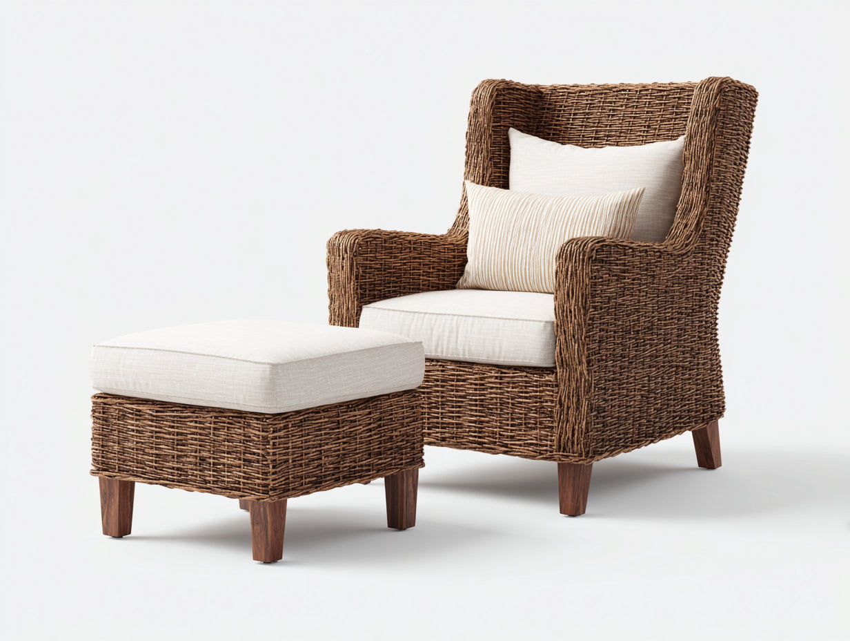 Poltrona da giardino - rattan-legno-tessuto - 90x87x100 cm - marrone-bianco - rustico