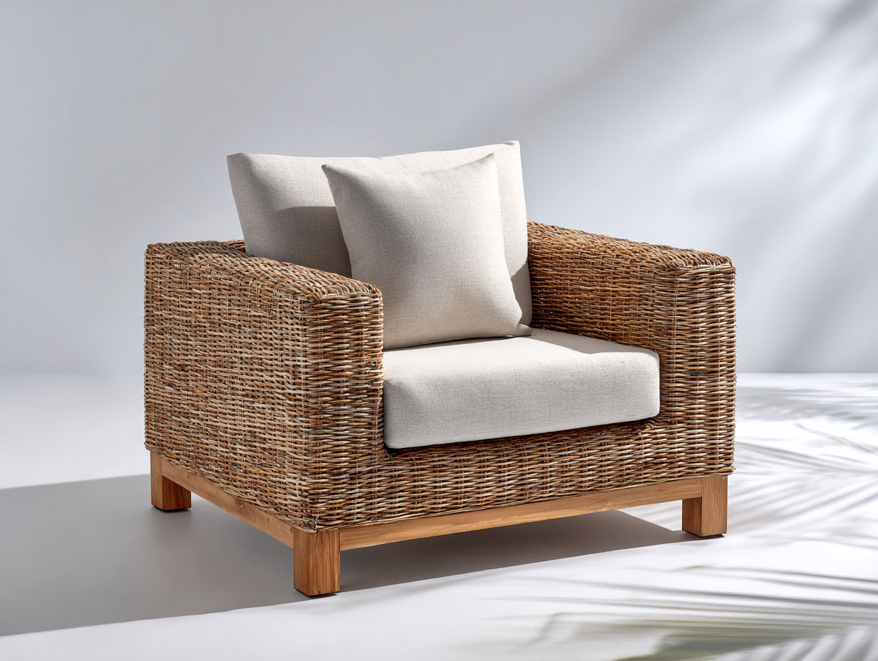 Poltrona da giardino - rattan-legno-tessuto - 101x92x80 cm - naturale-beige - moderno