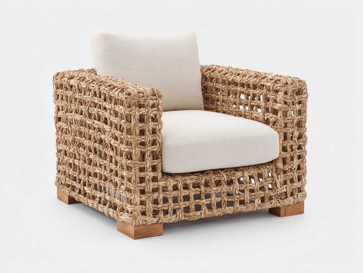 Poltrona da giardino - rattan-legno-tessuto - 92x88x77 cm - naturale-beige - rustico