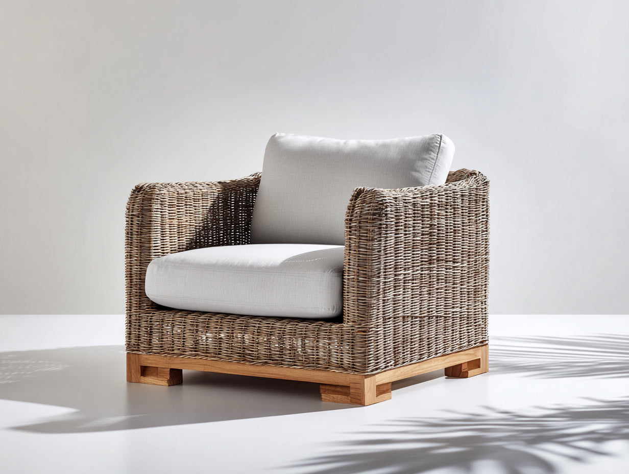 Poltrona da giardino - rattan-legno-tessuto - 99x90x77 cm - naturale-beige - contemporaneo
